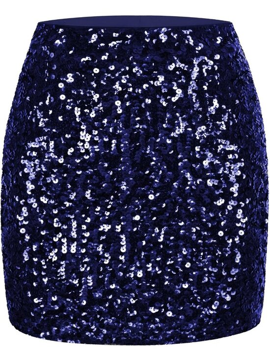 Dresses & Skirts - Women's Sequin Sparkle High Waist Bodycon Stretchy Navy Blue Mini Skirt